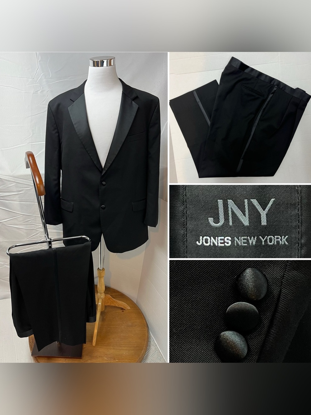 Jones New York 52L Blazer 43x30 Pants Black Tuxedo Men's Satin Vintage Suit